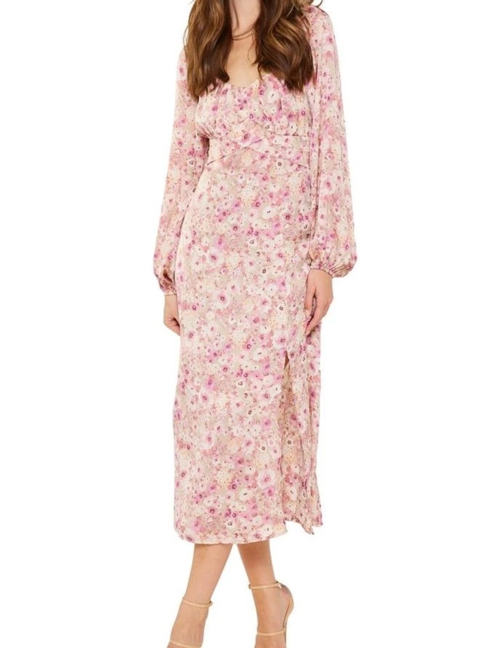 Lush Pink Floral Long Sleeve Midi Dress